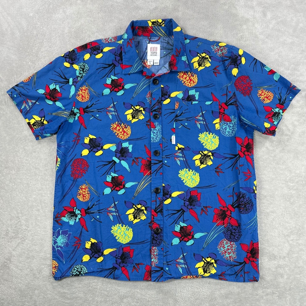 Topo Designs Shirt Men Large Blue Floral Short Sleeve Loop Collar Outdoor Casual